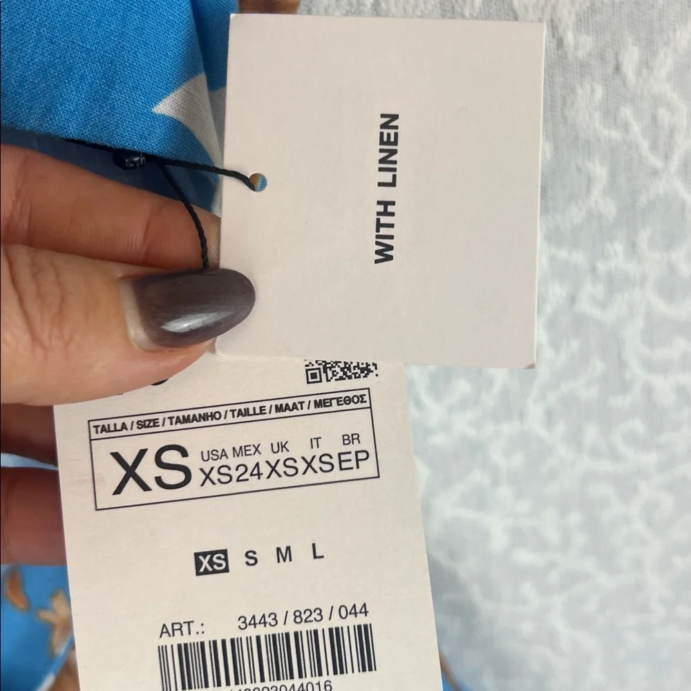 ZARA BLUE LINEN BLEND FLORAL PRINTED MIDI DRESS WITH CUT-OUT DETAIL Sz. XS NEW